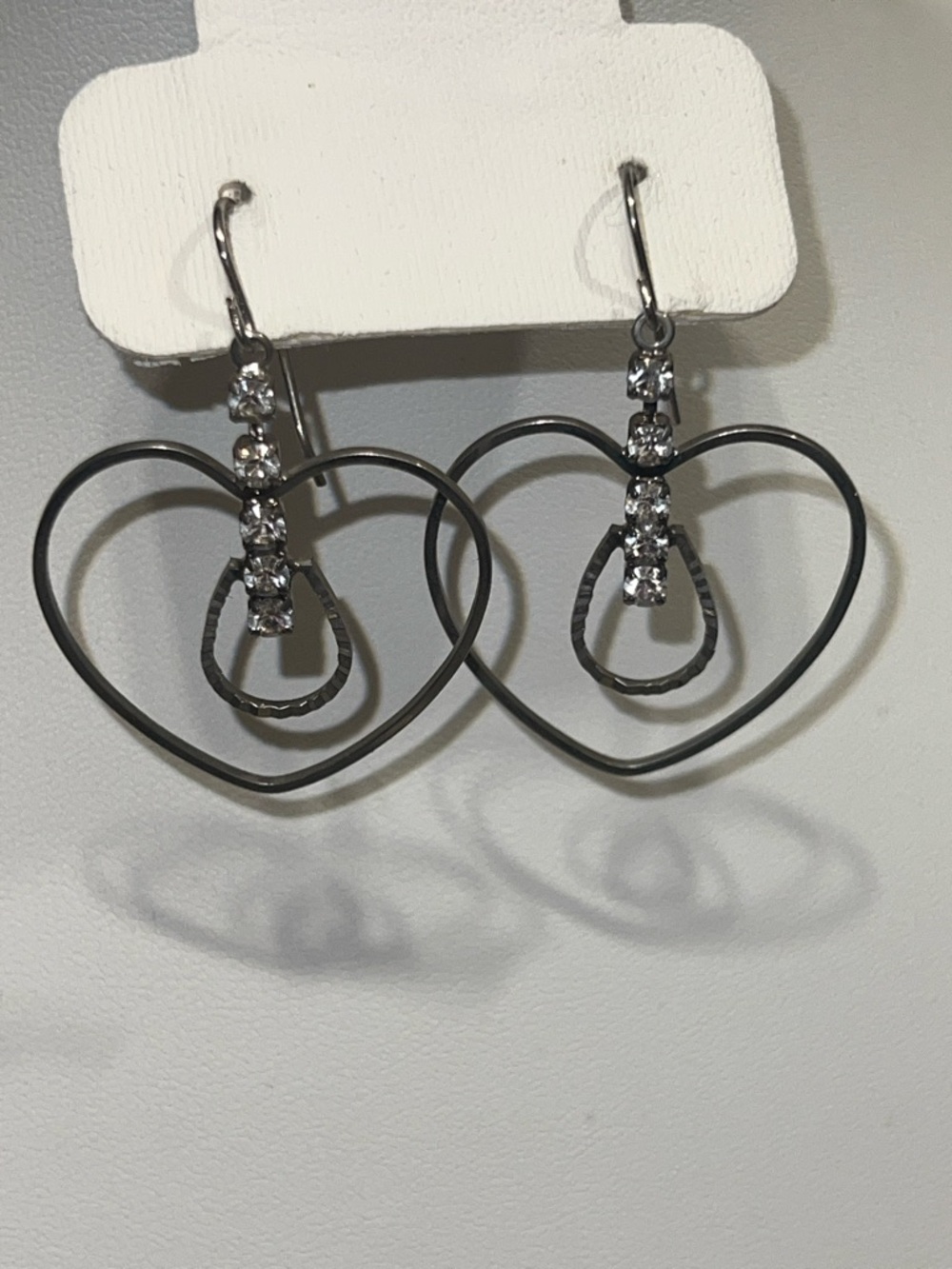 Gunmetal Heart Hoop Drop Earrings with Crystal Accents